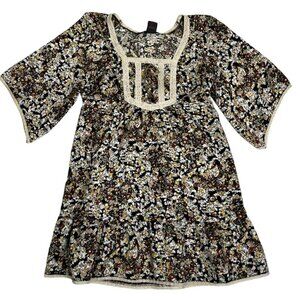 Fire Los Angeles Women's dress M brown black floral print half sleeve lace
